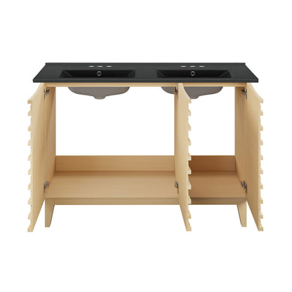 Cascade 48 in. Natural Oak, Double Basin Bathroom Vanity With Black, 3-Hole Centerset Ceramic Sink Top