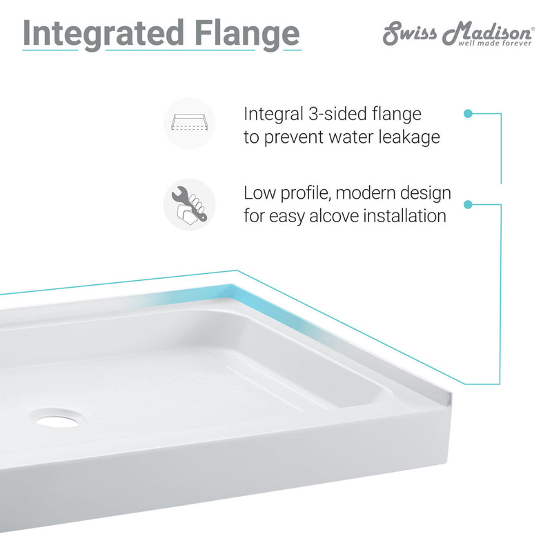 Voltaire 60" x 34" Acrylic White, Single-Threshold, Left Side Drain, Shower Base