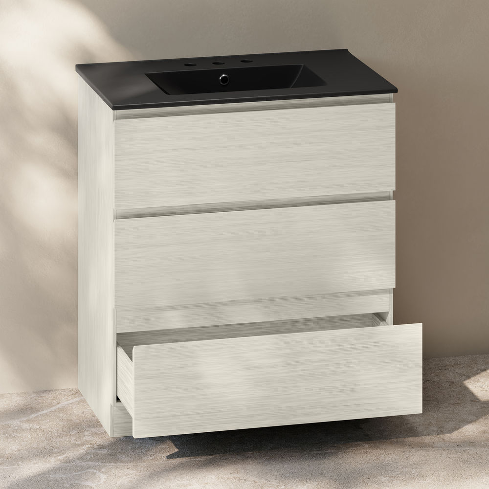 Liberte 30" Freestanding Bathroom Vanity in White Oak with Black 3-Hole Widespread Sink Top