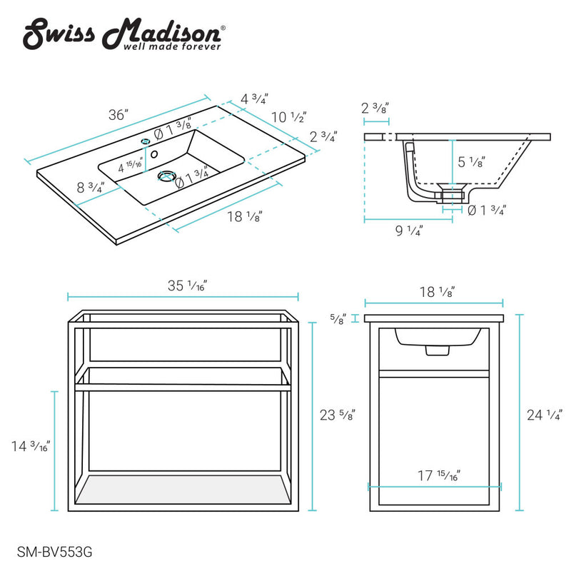 Pierre 36 Single, Open Shelf, Gold Metal Frame Bathroom Vanity