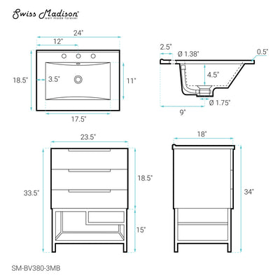 Carre 24 in. White Oak Bathroom Vanity With Black, 3-Hole Ceramic Sink Top