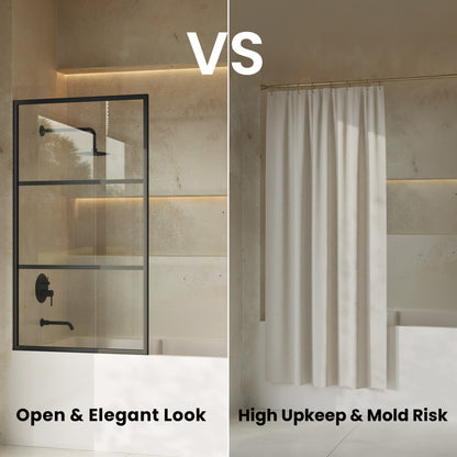 Claire 34 x 58 Framed Fixed 3/8 in. (10mm) Clear Tempered Glass Tub Door with Black Matte Frame