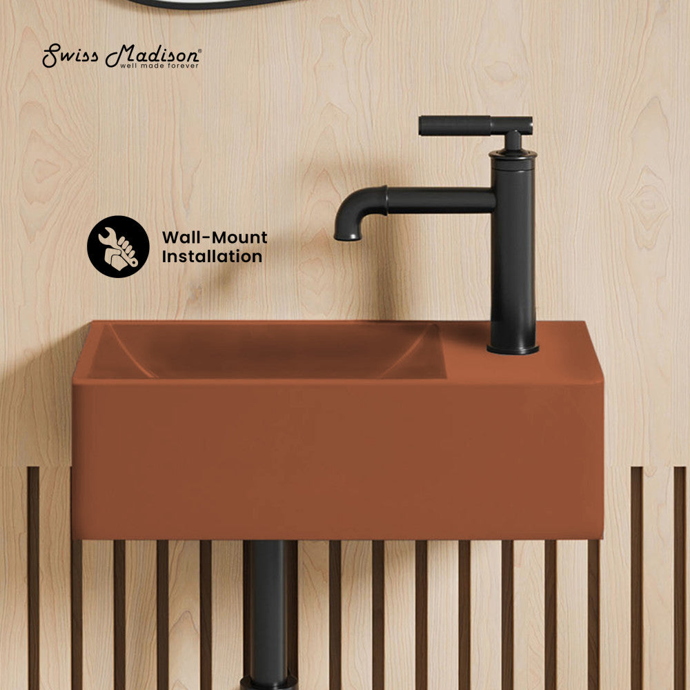 Lisse 16" Concrete Rectangle Wall-Mounted Sink with Right Side Faucet Mount in Matte Terracotta