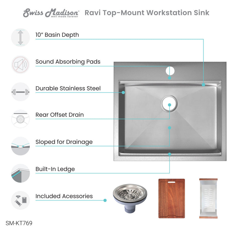 Ravi Single Basin 25 x 22 Topmount Kitchen Workstation Sink