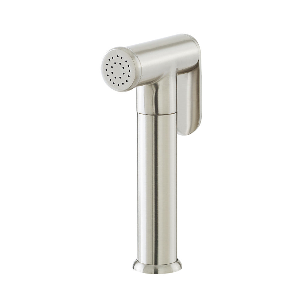 Side sprayer in brushed nickel with ergonomic handle for kitchen faucet cleaning tasks.