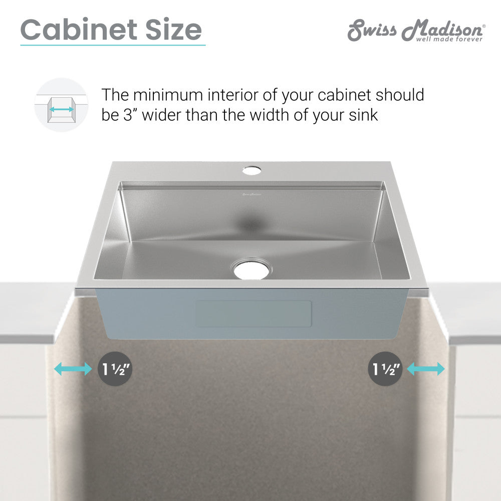 25x22-inch top-mount single basin kitchen workstation sink in stainless steel with integrated drainboard.