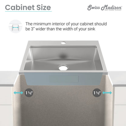 25x22-inch top-mount single basin kitchen workstation sink in stainless steel with integrated drainboard.