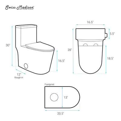 Dreux One-Piece 12" Rough-in 1.28 GPF Right Flush Elongated Toilet in Glossy White