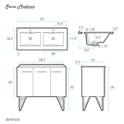 Annecy 60" Freestanding Bathroom Vanity in Black Walnut with Sink Top