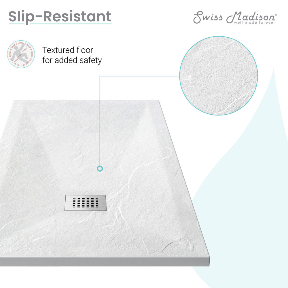 60" x 36" rectangular white shower base with reversible drain and textured slip-resistant floor.