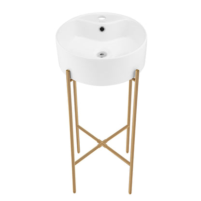 Monaco 16" Round Console Sink with Faucet Mount, White Basin Brushed Gold Legs