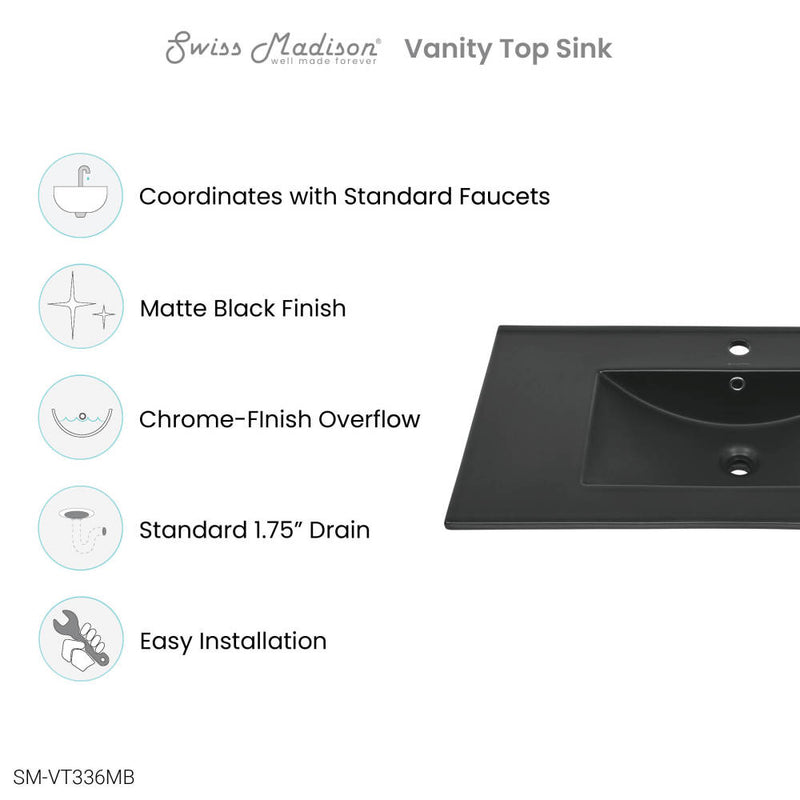 36" Ceramic Vanity Top with Single Faucet Hole in Matte Black