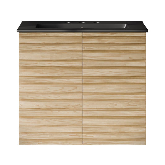 Cascade 24" Wall-Mounted Bathroom Vanity in Natural Oak with Black 3-Hole Widespread Sink Top