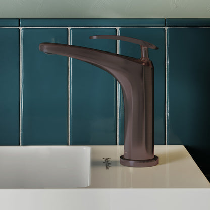 Single-handle bathroom faucet in oil rubbed bronze, sleek curved spout design.