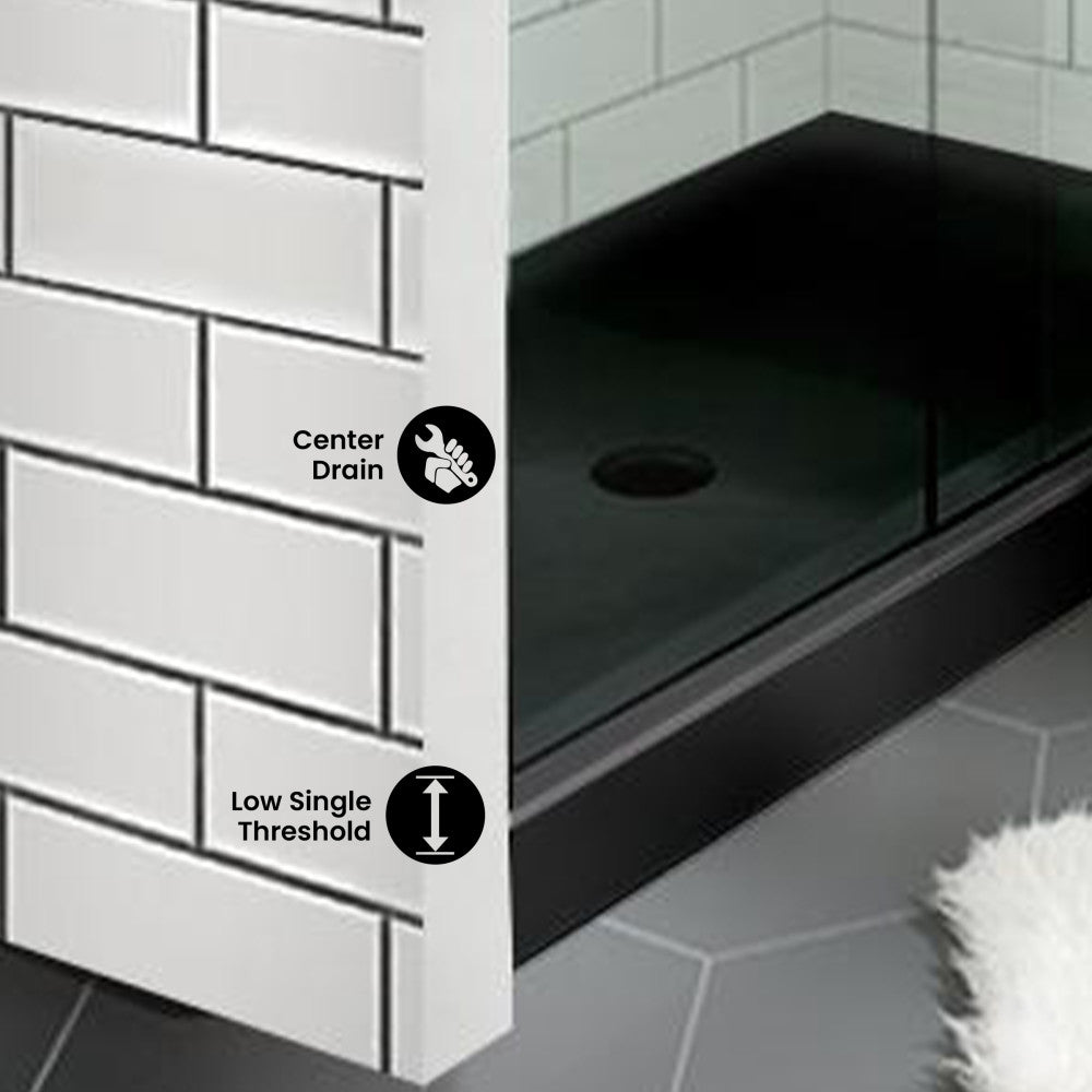 Voltaire 60" x 30" Acrylic Black, Single-Threshold, Center Drain, Shower Base