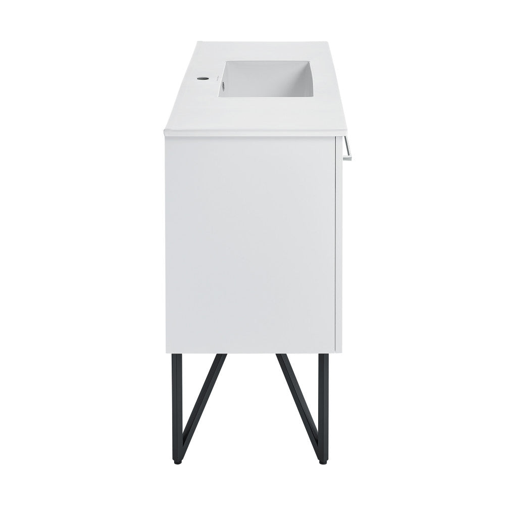 48-inch freestanding white bathroom vanity with single integrated sink and black metal legs.