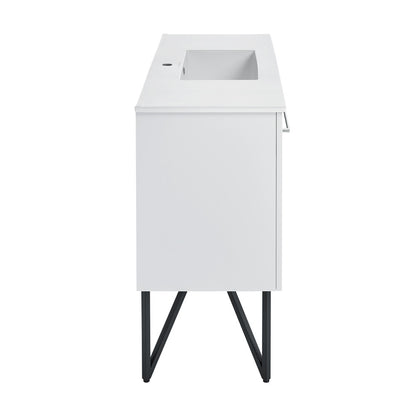 48-inch freestanding white bathroom vanity with single integrated sink and black metal legs.