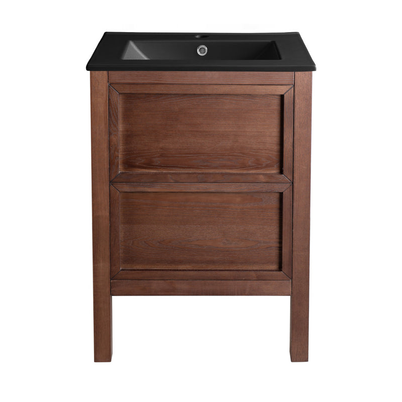 Nadar 24 in. Brown Walnut Bathroom Vanity With Black Ceramic Sink Top