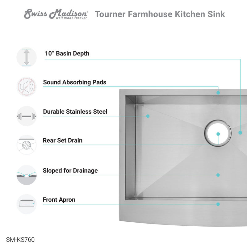 Tourner 30 x 21 Stainless Steel, Single Basin, Farmhouse Kitchen Sink with Apron