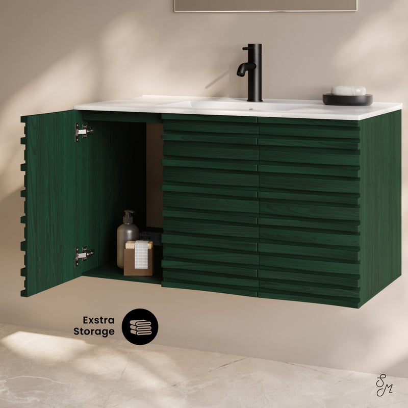 Cascade 36" Wall-Mounted Bathroom Vanity in Green Oak with Sink Top