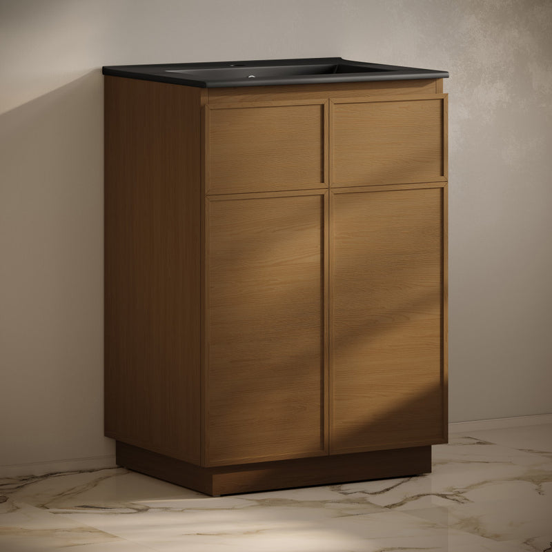 St. Tropez 24" Freestanding Bathroom Vanity in Brown Oak with Black Sink Top