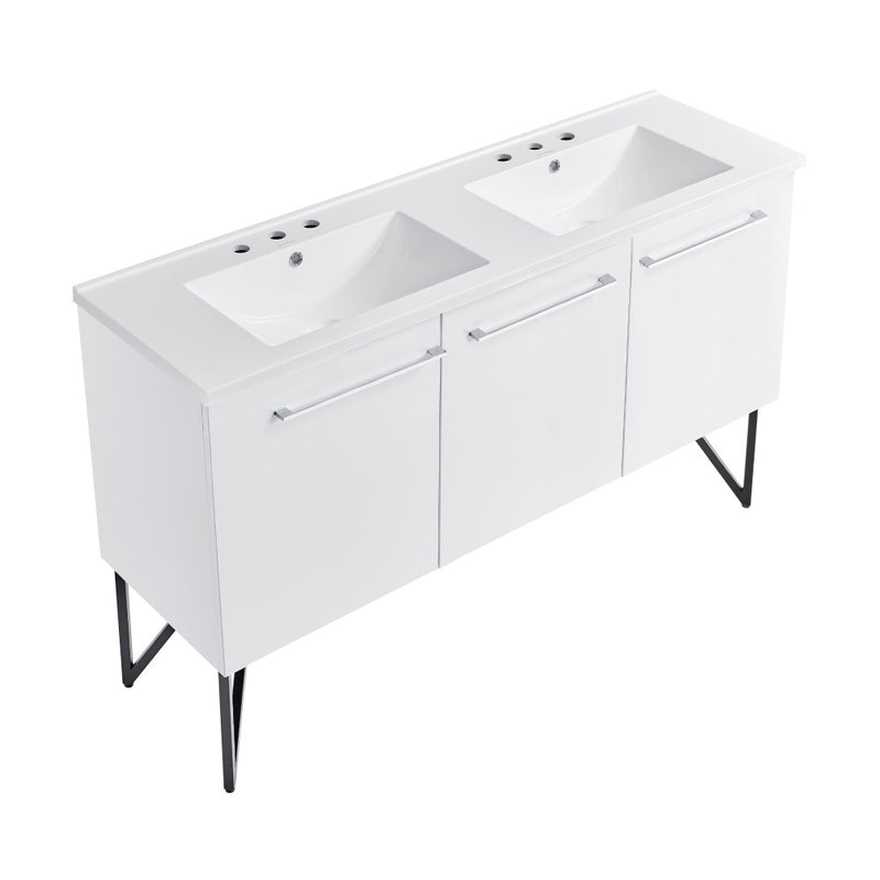 Annecy 60 in. White, Double Basin Bathroom Vanity With White, 3-Hole Artificial Stone Sink Top