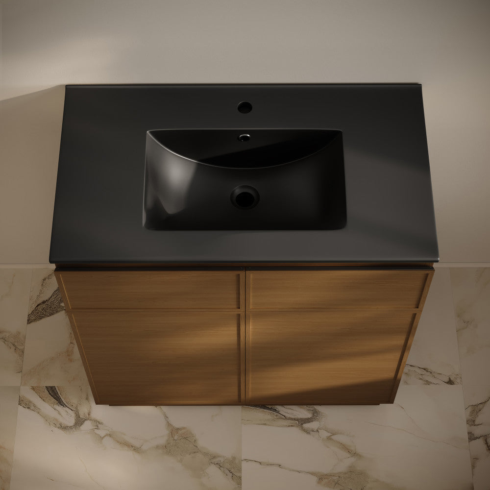 St. Tropez 36" Freestanding Bathroom Vanity in Brown Oak with Black Sink Top