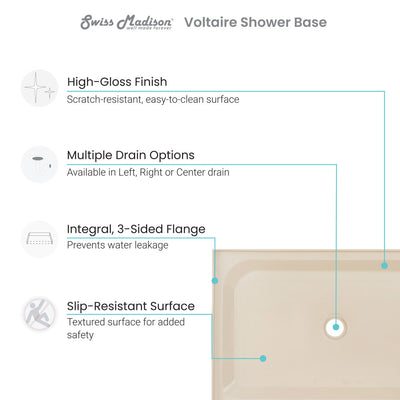Voltaire 60" x 36" Single-Threshold, Right-Hand Drain, Shower Base in Biscuit