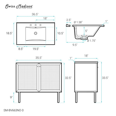 Classe 36" Freestanding Bathroom Vanity in Natural Oak with 3-Hole Widespread Sink Top