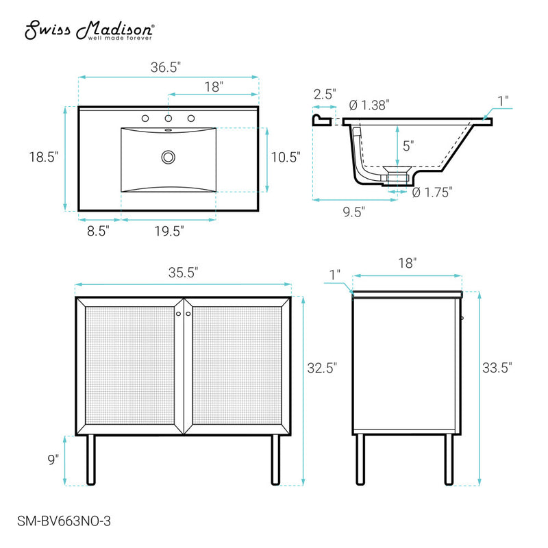 Classe 36" Freestanding Bathroom Vanity in Natural Oak with 3-Hole Widespread Sink Top