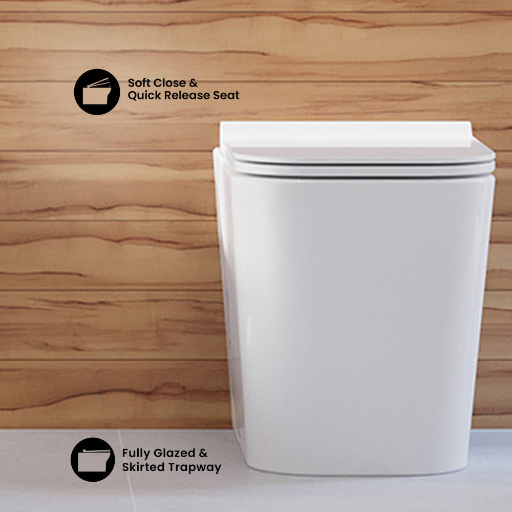Square back-to-wall toilet bowl, skirted trapway, soft-close and quick-release seat.