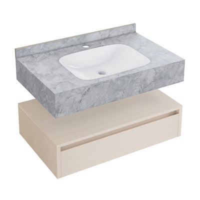 Avancer 36" Wall-Mounted Bathroom Vanity in White Oak with Storm Grey Sink Top