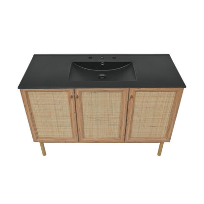 Classe 48" Freestanding Bathroom Vanity in Golden Oak with Black 3-Hole Widespread Sink Top