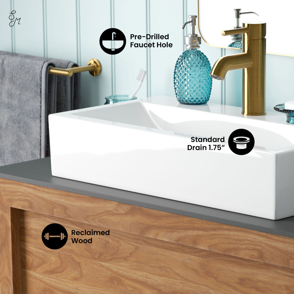 36-inch freestanding natural teak bathroom vanity with single white rectangular vessel sink top.