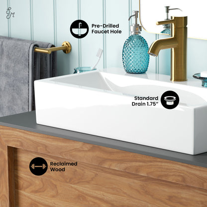 36-inch freestanding natural teak bathroom vanity with single white rectangular vessel sink top.