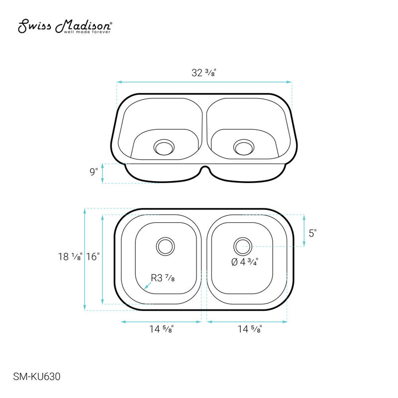 Toulouse 32 x 18 Stainless Steel, Dual Basin, Under-Mount Kitchen Sink