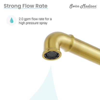 Widespread kitchen faucet in brushed gold with side sprayer and curved spout.