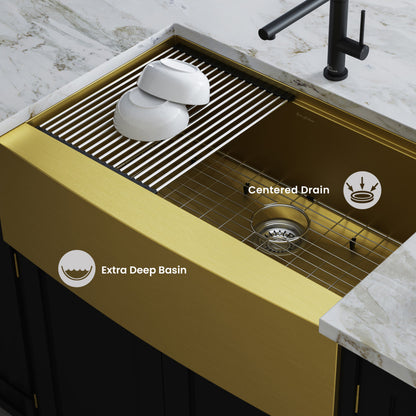 Tourner 33 x 22 Stainless Steel, Single Basin, Farmhouse Kitchen Workstation Sink with Apron in Gold