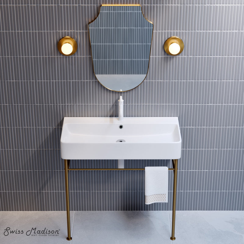 Carre 36 Ceramic Console Sink White Basin Brushed Gold Legs