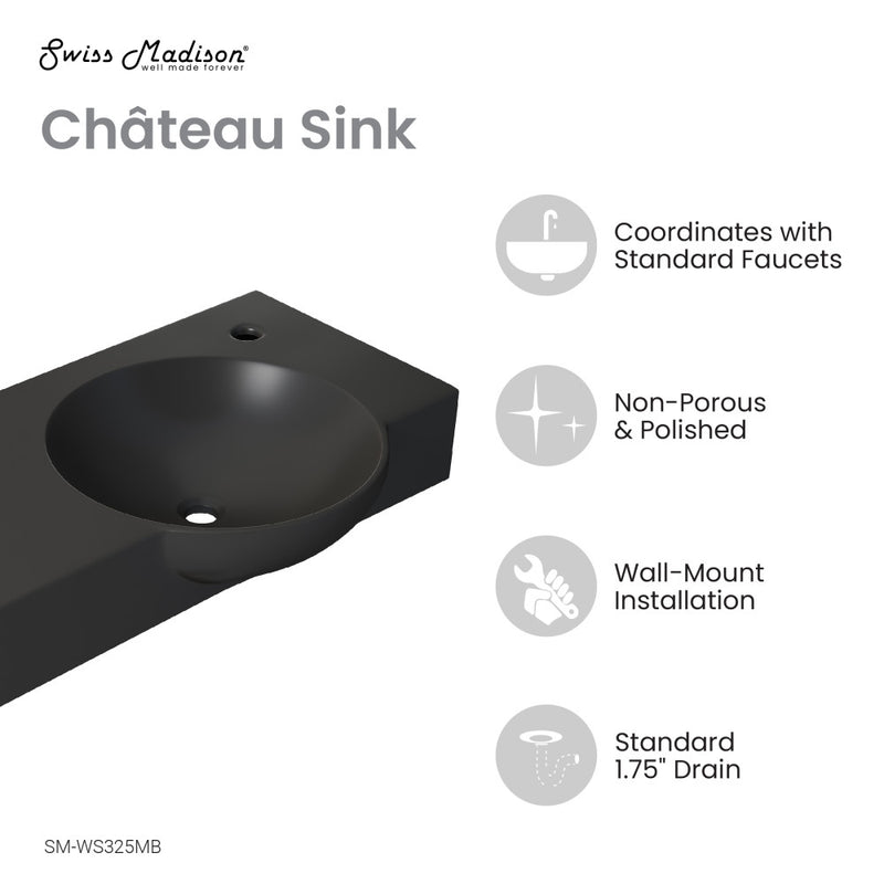 Chateau 30" Right Side Faucet Wall-Mount Bathroom Sink in Matte Black