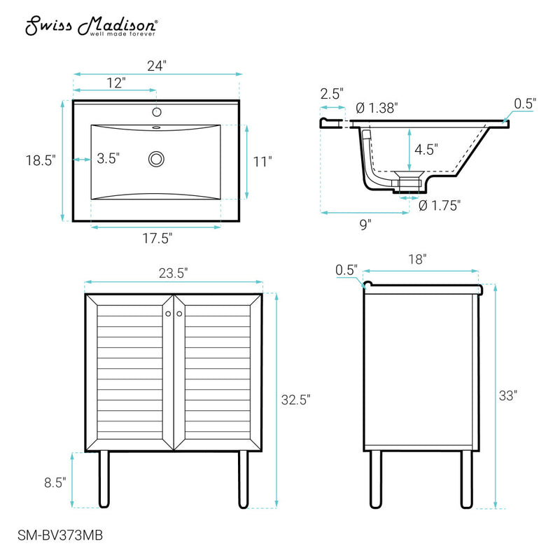 Bron 24" Freestanding Bathroom Vanity in Golden Oak with Black Sink Top