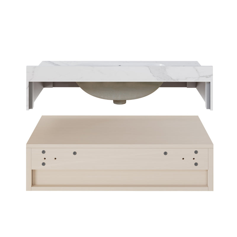 Avancer 36" Wall-Mounted Bathroom Vanity in White Oak with White Marble Sink Top