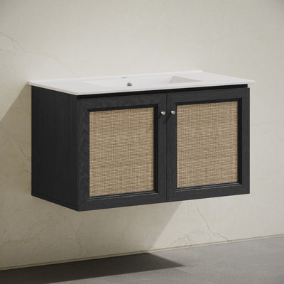 Classe 36" Wall-Mounted Bathroom Vanity in Black Oak with Single Faucet Hole Vanity Top