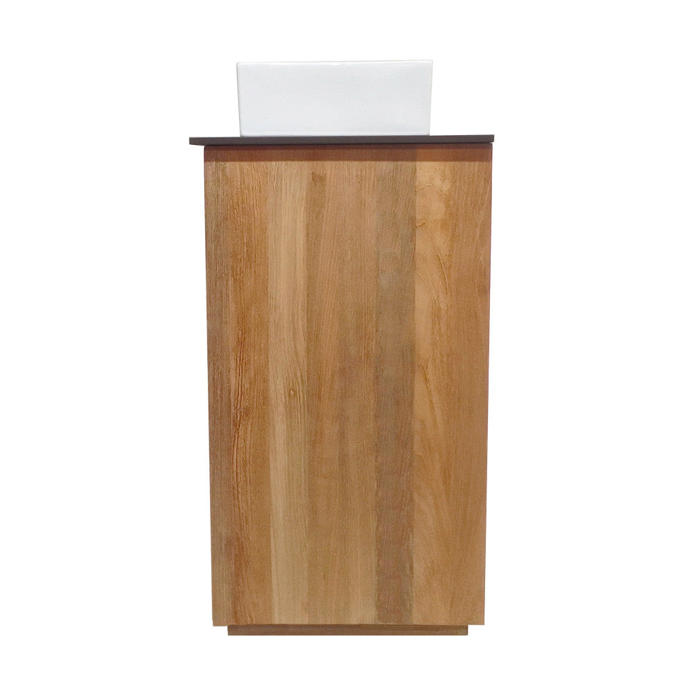 24-inch freestanding reclaimed wood bathroom vanity in natural teak with slate countertop and vessel sink.