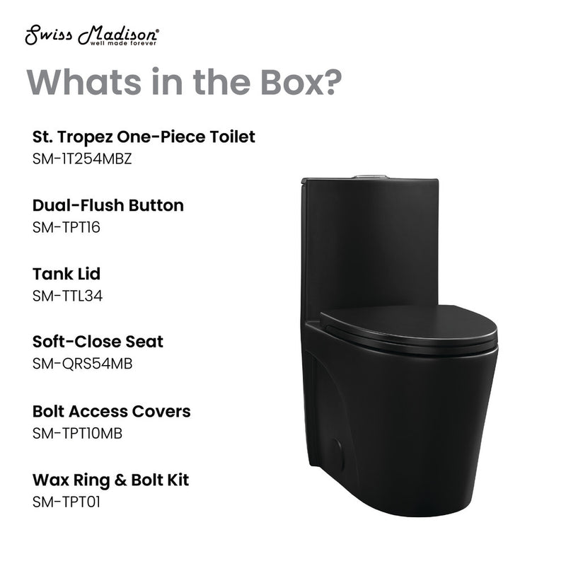 St. Tropez One Piece Elongated Toilet Dual Vortex Flush 1.1/1.6 gpf with 10" Rough-In, Matte Black