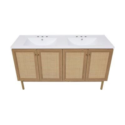 Classe 60 in. Brown Oak, Double Basin Bathroom Vanity With White, 3-Hole Artificial Stone Sink Top