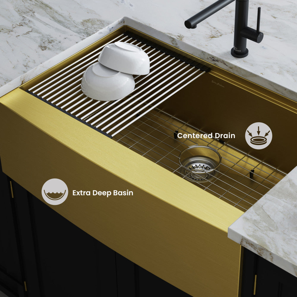 Tourner 33 x 22 Stainless Steel, Single Basin, Farmhouse Kitchen Workstation Sink with Apron in Gold