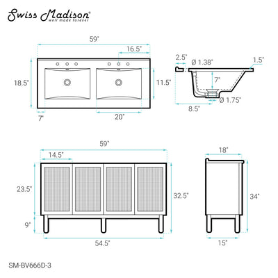Classe 60" Freestanding Bathroom Vanity in Golden Oak with 3-Hole Widespread Double Basin Sink Top