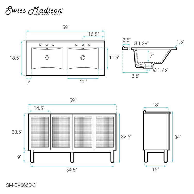 Classe 60" Freestanding Bathroom Vanity in Golden Oak with 3-Hole Widespread Double Basin Sink Top