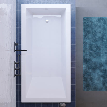 Drop-in white bathtub 72 inch, reversible drain, rectangular design.
